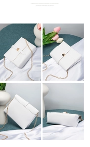 Detailed views of white rhombic texture crossbody bag with gold chain and circular lock
