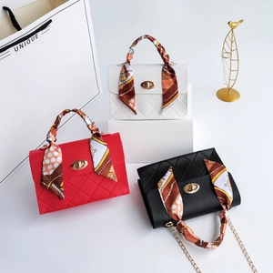 Quilted mini handbags with silk scarf handle and gold chain straps in three colors