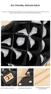 Detail of eco-friendly glossy quilted fabric and golden swivel lock on chain handbag