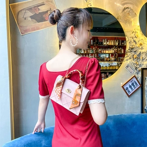 Pink quilted mini hand bag with silk scarf handle and gold chain for women