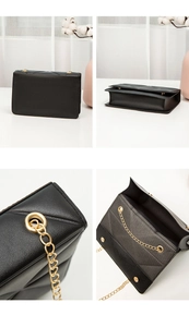 Detailed views of black quilted crossbody bag featuring gold chain and leather texture