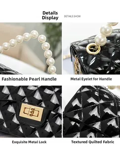 Detailed views of black quilted jelly bag with pearl handle and golden hardware