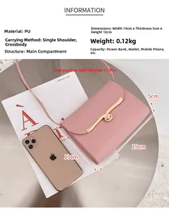 Pink faux crocodile leather mini crossbody bag with dimensions and gold metal lock details