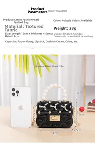 Detailed size comparison of black pearl handle mini bag with iPhone 12 Pro reference
