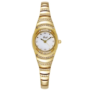 Luxury women's gold quartz watch with diamond bezel and mother of pearl dial face