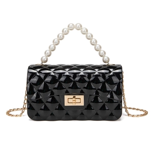Elegant black jelly shoulder bag with pearl handle and golden chain strap in quilted design