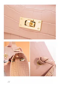 Detail of pink crocodile pattern handbag with gold twist lock and printed silk scarf