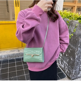Detail of green faux crocodile texture mini bag with gold buckle on purple sweater