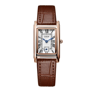 Vintage rectangular women's watch with rose gold case, brown leather strap, and Roman numerals