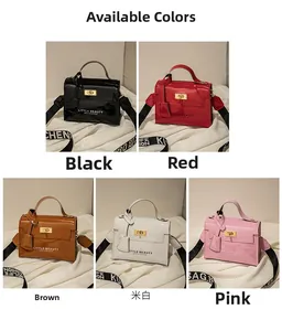 Collage of glossy patent leather mini bags in five colors with metal twist locks
