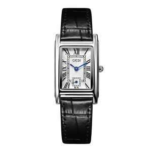 GEDI square quartz watch with silver steel case, black leather strap, and blue hands
