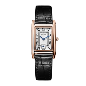 GEDI retro quartz watch with rectangular rose gold case and black leather strap