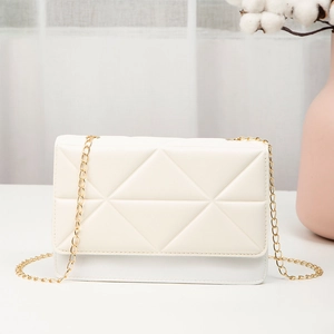 Elegant cream PU leather crossbody bag with geometric triangle stitching and gold chain strap