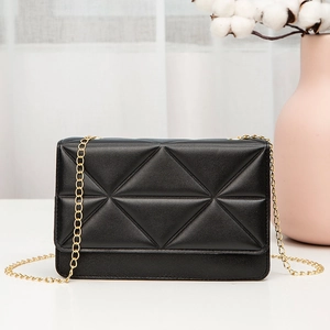 Elegant black chain crossbody bag with geometric quilted pattern and gold metal strap