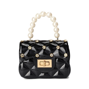 Black jelly crossbody bag with quilted rhinestones and luxury faux pearl top handle