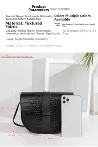 Dettagli della borsa a tracolla nera a coccodrillo con scala taglie e confronto con iPhone