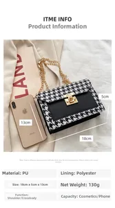 Mini houndstooth crossbody bag with gold lock compared to a smartphone for size