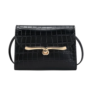 Classic black crocodile pattern mini square crossbody bag with elegant gold heart lock