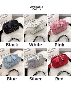 Grid display of geometric rhombus crossbody bags in six vibrant colors with wide straps