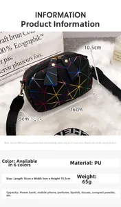 Detail view of black PU crossbody bag with colorful geometric patterns and dimensions