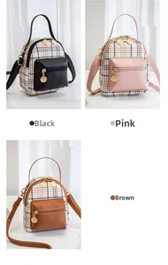 Detailed collection of mini checkered backpacks in black, pink, and brown PU leather