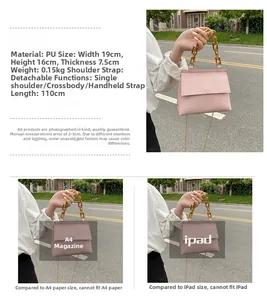 Détails du sac à main rose en cuir PU grainé avec chaîne dorée et dimensions précises