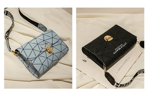 Detail of geometric tile pattern and metallic twist lock on the crossbody phone bag