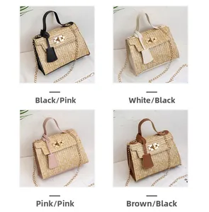 Straw woven bags with PU leather trim and chain straps in four assorted summer colors