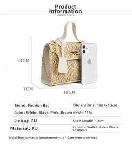 Size comparison of straw woven handbag with gold chain and mobile phone reference