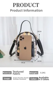 Size comparison of a plaid mini backpack with a smartphone showing dimensions 18x10x20cm
