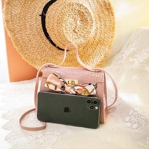 Pink faux crocodile mini Kelly bag with decorative scarf handle and gold twist lock