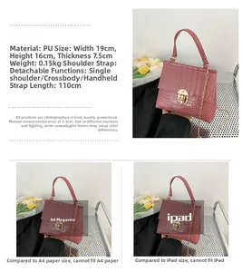 Pink crocodile pattern handbag with size dimensions 19x16x7.5cm and chain strap detail