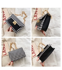 Detailed views of houndstooth crossbody bag featuring gold chain and turn-lock closure
