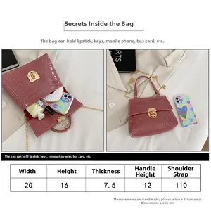 Size chart and capacity detail of crocodile pattern handbag with dimensions and metal lock