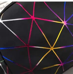 Macro shot of matte fabric texture with rainbow geometric lines and zipper detail