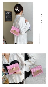 Detailed views of a pink houndstooth chain bag with gold buckle and leather trim