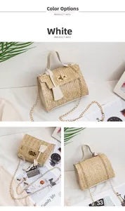 Detail view showing straw woven texture, white PU leather trim and gold metal lock on bag