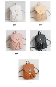 Detailed grid view showing mini quilted backpacks in white, khaki, pink, black and brown