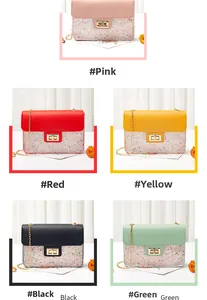 Glitter crossbody bags in pink, red, yellow, black and green with gold chain straps
