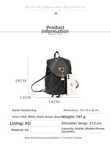Quilted mini backpack with pearl charm and dimensions 19x12x26cm for size comparison