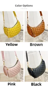 Detailed view of quilted faux leather crescent bags in yellow, brown, pink, and black colors