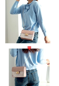 Pink sequin crossbody bag with chain strap shown on model from front and side angles