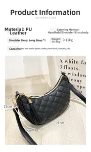 Close-up of black quilted moon bag showing PU leather texture and gold zipper details