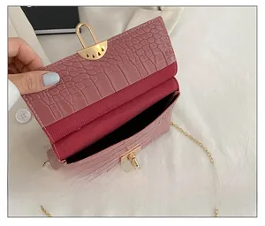 Pink croc-embossed mini handbag detail showing inner space with gold clasp and chain strap