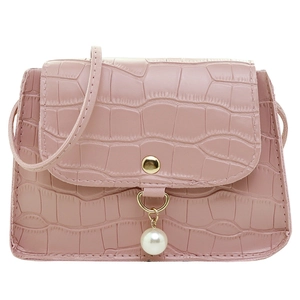 Pink croc-embossed small square crossbody bag with pearl pendant and gold button