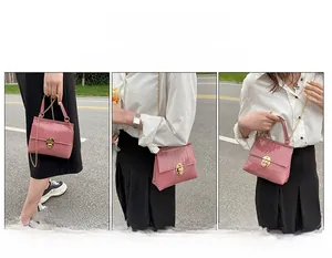 Pink crocodile pattern mini bag shown in three ways: handbag, shoulder and crossbody