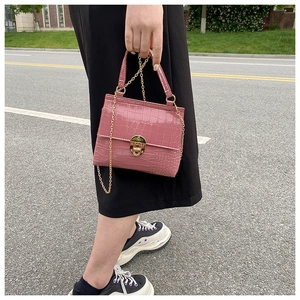 Detailed macro view of pink crocodile textured mini handbag with gold rotating metal lock