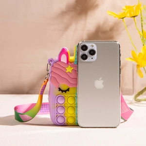 Borsa a tracolla Unicorn pop-it per bambini in silicone con tracolla arcobaleno