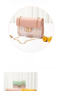Detail of colorful glitter chain bags with golden twist locks in pink and mint green