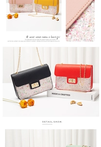 Detail showing shiny glitter textures and metallic twist lock on colorful crossbody bags